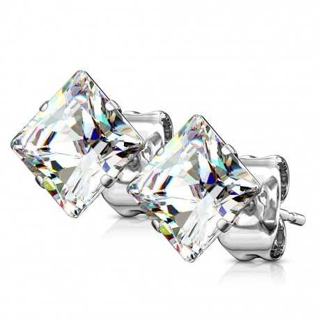 Earrings for women and men in steel and white square zircon stone