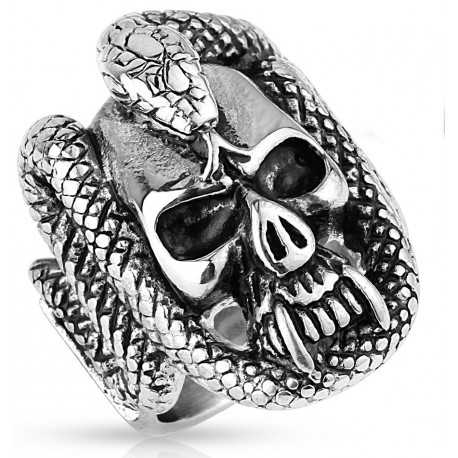 Large signet ring for men steel skull fury king snake biker