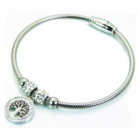 Women's stainless steel cable bracelet with tree of life pendant 17 cm