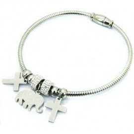 Bracelet femme cable en acier inoxydable éléphant croix strass 20cm