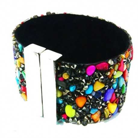 Women's cuff bracelet with multicolored stones and stainless steel clasp