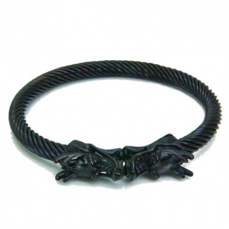 Bracelet homme jonc acier inoxydable noir double têtes de dragon 71mm