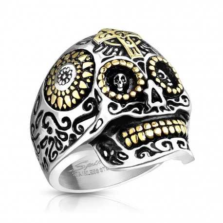 Men's gold steel signet ring Mexican Mayan skull cross biker