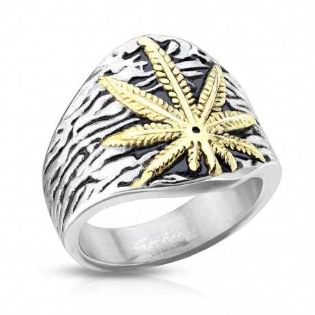 Men's steel signet ring decorated with golden rasta cannabis leaf