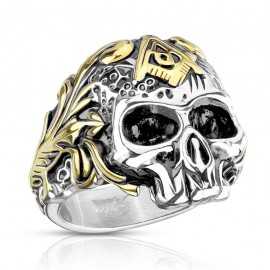 Men's gold freemason skull steel signet ring