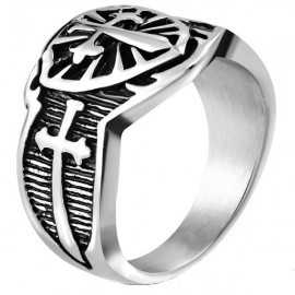 Men's steel signet ring in the shape of a shield, medieval coat of arms, fleur-de-lys cross