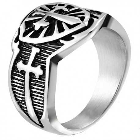 Men's steel signet ring in the shape of a shield, medieval coat of arms, fleur-de-lys cross