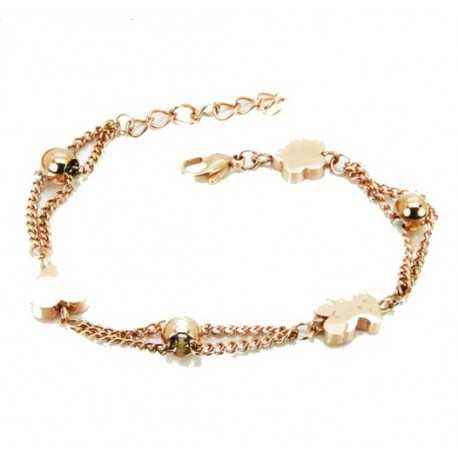 Women's pink stainless steel chain bracelet heart flower bear ball