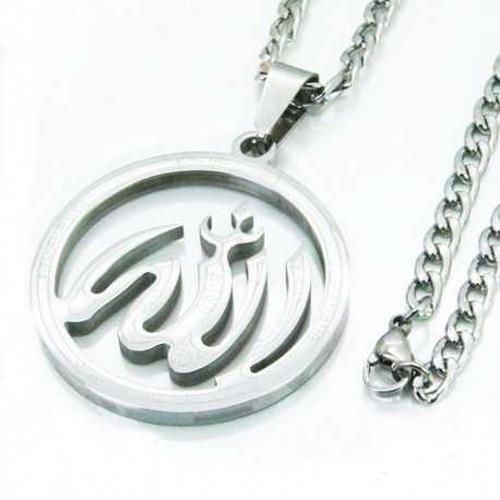 Collar de cadena de malla de plata hermoso colgante redondo hombre musulmán Alá