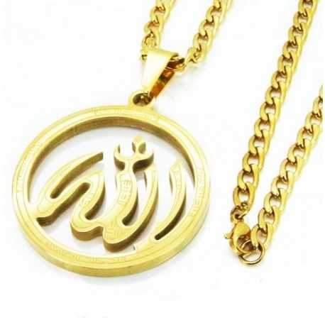 Collier chaine pendentif doré rond homme religion musulman Allah