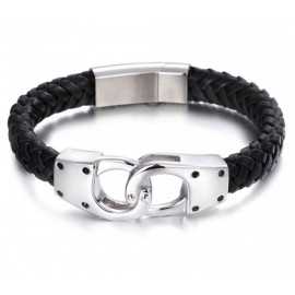 Bracelet homme en cuir tressé avec menottes fermoir acier inoxydable