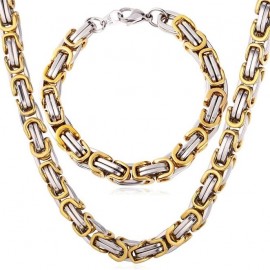 Men's gold stainless steel bracelet and chain set byzantine mesh