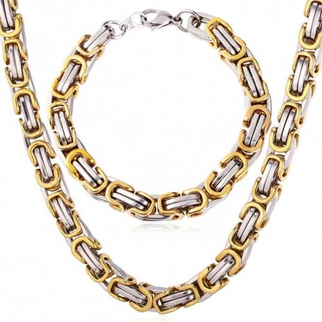 Conjunto de pulsera y cadena de acero dorado para hombre de malla bizantina