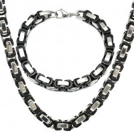 Men's bracelet and chain set in black steel royal Byzantine mesh