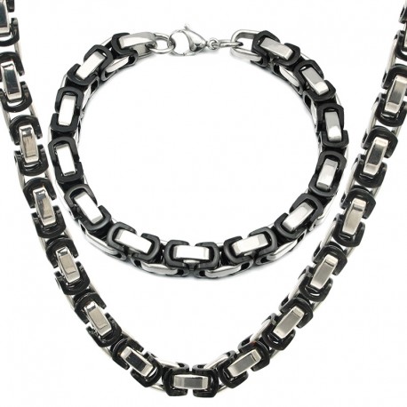 Conjunto de pulsera y cadena para hombre en malla bizantina real de acero negro