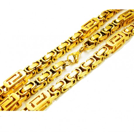 Men's gold-colored steel bracelet and chain set byzantine mesh