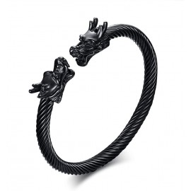Men's black stainless steel bangle bracelet with two Viking dragon heads