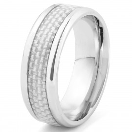 Anillo de hombre en acero y elegante fibra de carbono blanca.