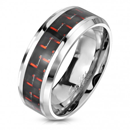 Bague anneau homme acier et fibres de carbone rouge et noir classe
