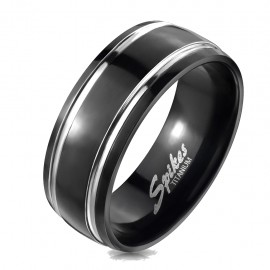 Anillo masculino anillo de hombre en titanio negro con 2 bandas plateadas