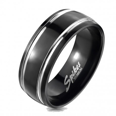 Male ring men's ring in black titanium with 2 silver bands