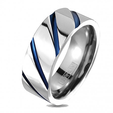 Anillo de compromiso para hombre de titanio con quemaduras azules en espiral