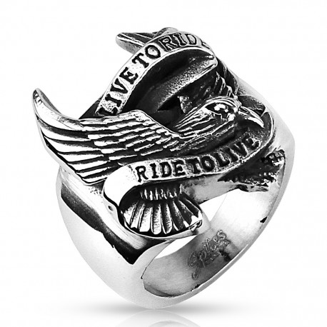 Men's signet ring in stainless steel eagle head live to ride biker