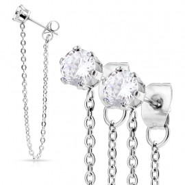 Pair of women's steel earrings with hanging chain 2 white zircons