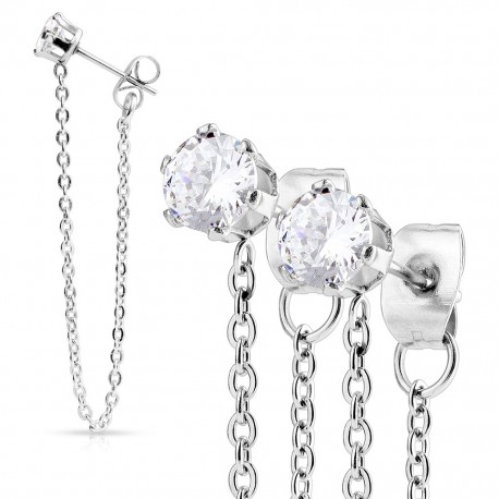 Pair of women's steel earrings with hanging chain 2 white zircons