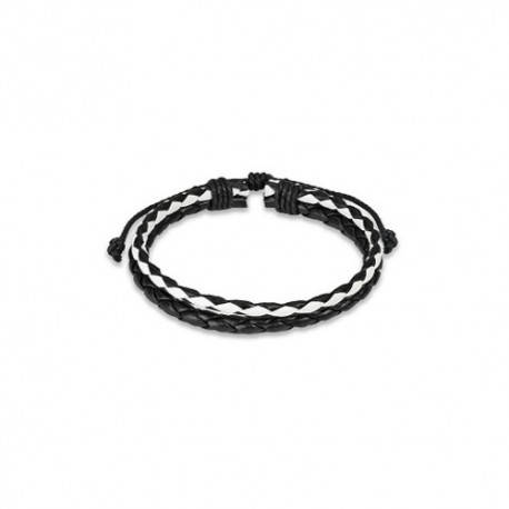 Men's adjustable leather bracelet with double braided links, black and white color