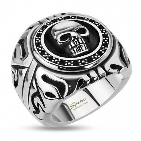 Anillo de sello redondo para hombre de acero con calavera motera y relieve tribal