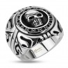 Men's round signet ring steel skull biker tribal relief