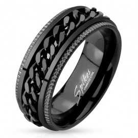 Men's black steel ring with rotating chain, commitment symbol