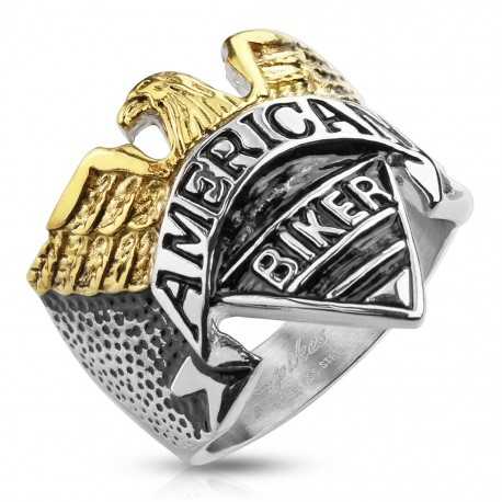 Men's golden eagle steel signet ring with American biker inscription