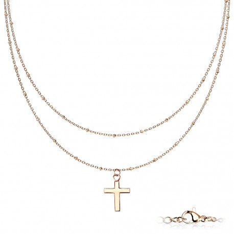 Women's double choker chain set with cross pendant in copper-plated steel