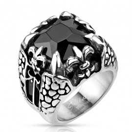 Men's signet ring in steel black stone onyx fleur de lis dragon claw