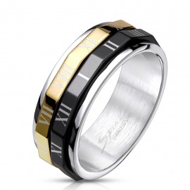 Anti-stress rotating ring Roman numerals black and gold stainless steel