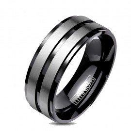 Black titanium men's ring and two silver bands