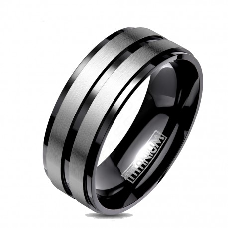 Bague anneau homme titane de couleur noire et deux bandes argentées