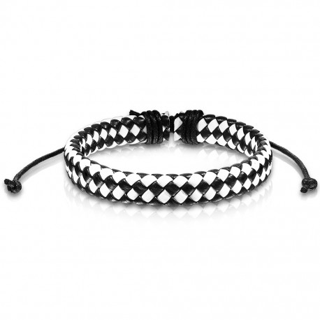 Bracelet réglable pour homme en cuir couleur damier noir et blanc 19cm