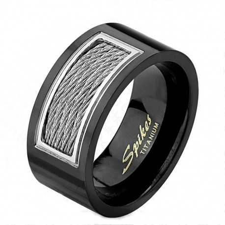 Men's black titanium ring and 5 twisted steel wires, wide 10mm