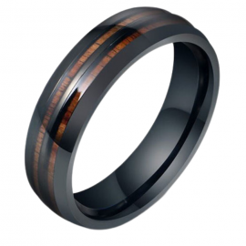 Men's black steel double line wedding alliance ring, stained wood