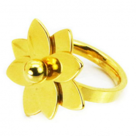 Bague anneau femme acier doré surmontée d'une grosse fleur nénuphar