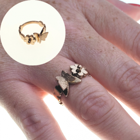 Anillo de mujer con forma de mariposa y flor en acero dorado rosa, aspecto glamuroso
