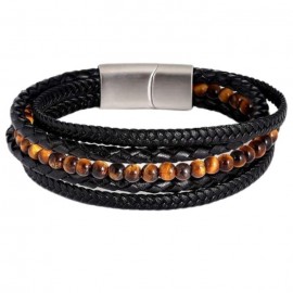 Pulsera de hombre de varias hileras de piel con cuentas de ojo de tigre y cierre magnético de acero