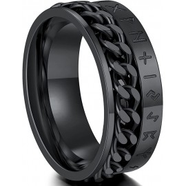 Bague anneau homme acier noire chaine rotative alphabet runique viking