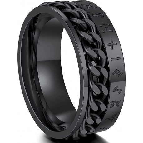 Men's black steel ring with rotating chain Viking runic alphabet