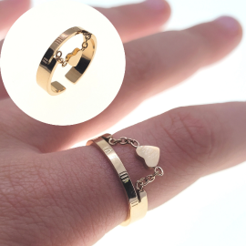 Bague anneau femme en acier or rosé chiffres romains chainette pampille coeur