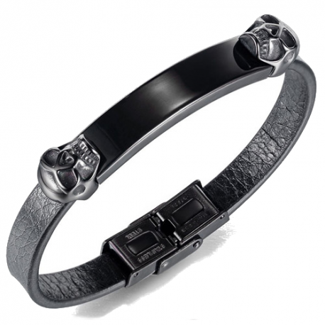 Men's leather bracelet and black steel plate skull biker 19cm