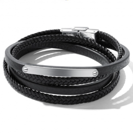 Mehrreihiges Herrenarmband aus Leder und Gravurplatte mit Edelstahlschließe, 20 cm